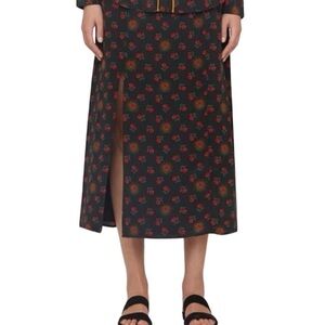 BALDWIN Kansas City Silk Black Floral Rose Eva Leg-Slit Midi Skirt